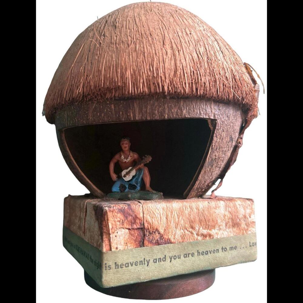 Vintage 1960s Hawaiian Coconut Shell Music Box Diorama - "Blue Hawaii" Works!